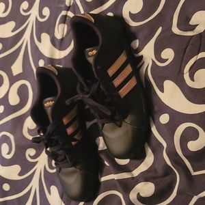 Adidas, size 7 men or 9 womens, black & rose gold
